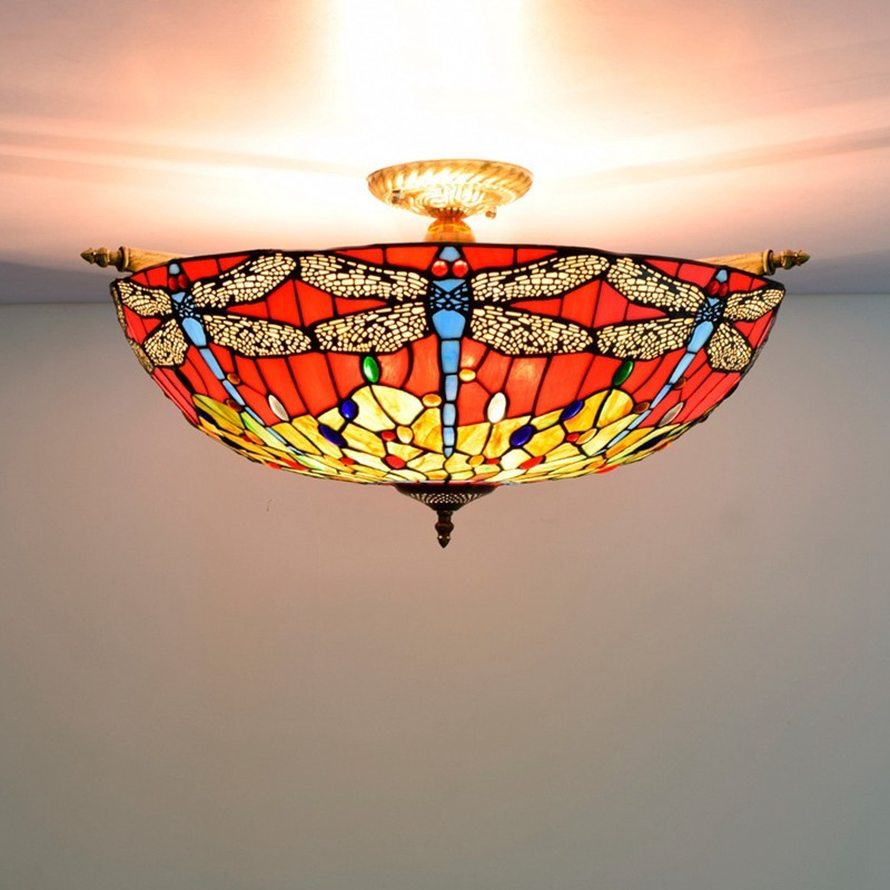 Plafoniera Tiffany semiaderente con libellule e fiori